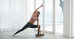 Woman, stretching and fitness for yoga at house for spiritual healing, flexibility and body balance. Female person, warm up and pilates with physical exercise, holistic mobility and breathing control