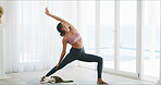Woman, warm up and fitness for yoga at house for spiritual healing, flexibility and body balance. Female person, stretching and pilates with physical exercise, holistic mobility and breathing control