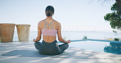 Buy stock photo Meditation, lotus pose and back of woman in  home for relax, spiritual awareness and zen break. Wellness, mindfulness and inner peace with person at apartment for holistic healing, aura and soul