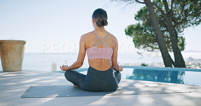 Buy stock photo Meditation, zen and back of woman at pool for relax, spiritual awareness and lotus pose. Wellness, mindfulness and inner peace with female person in home for holistic healing, aura and harmony