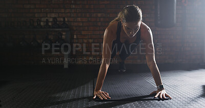 Buy stock photo Woman, bodybuilder and pushup for fitness at gym with exercise, strength training and workout. Female person, body balance and hard work for endurance, core activity and resilience with strong muscle