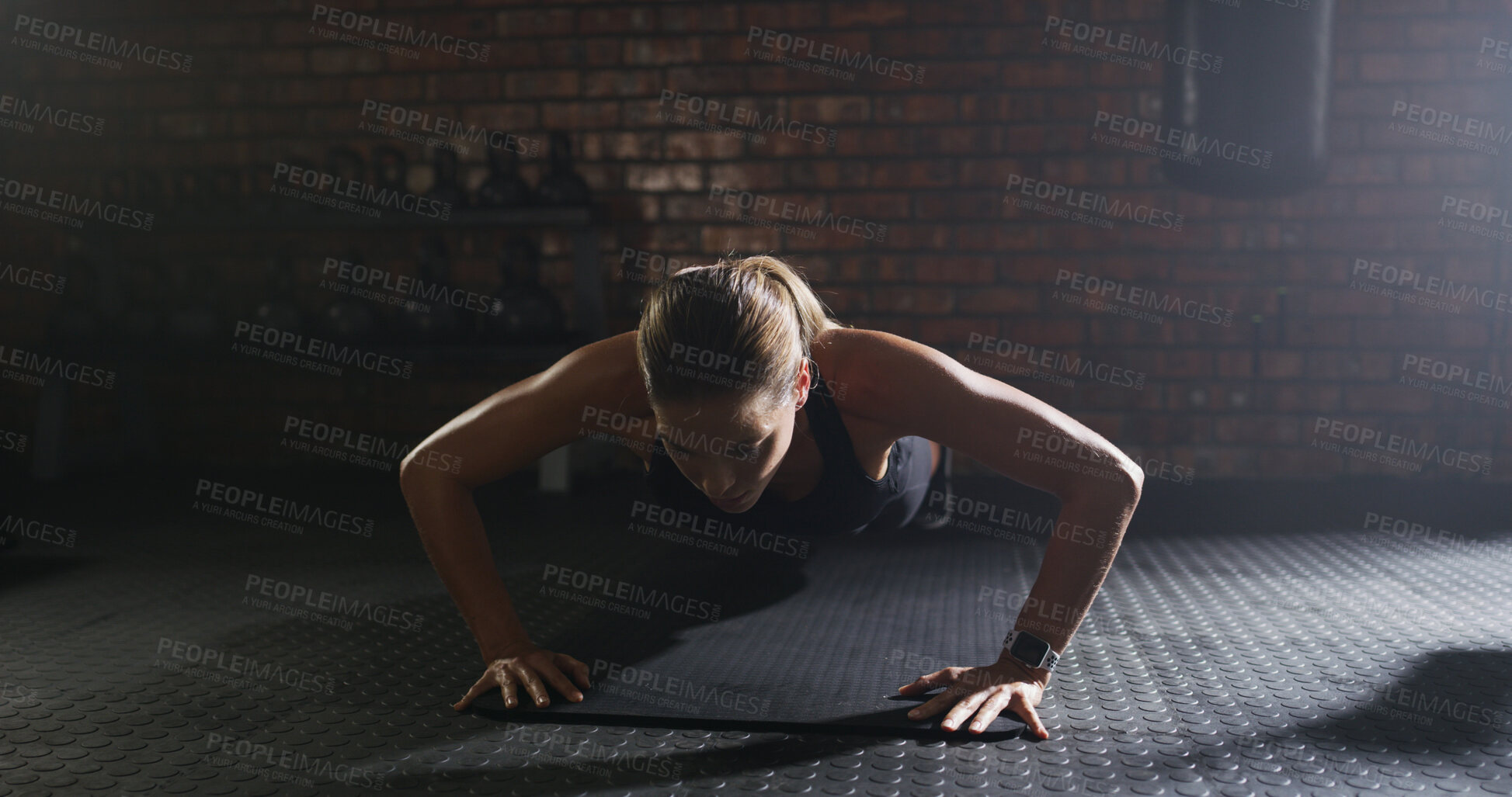 Buy stock photo Woman, bodybuilder and pushup with exercise at gym for fitness, strength training and workout. Female person, body balance and hard work for endurance, core activity and resilience with strong muscle