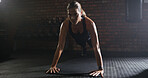 Thinking, woman and pushup for fitness at gym with exercise, strength training and workout. Female person, body balance and hard work for bodybuilding, core activity and resilience with strong muscle