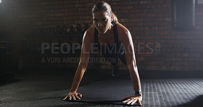 Buy stock photo Thinking, woman and pushup for fitness at gym with exercise, strength training and workout. Female person, body balance and hard work for bodybuilding, core activity and resilience with strong muscle