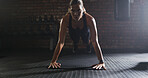 Fitness, push up and portrait of woman in gym with workout, health or body training for strength. Strong, athlete and female person with arm exercise for wellness with challenge in sports center.