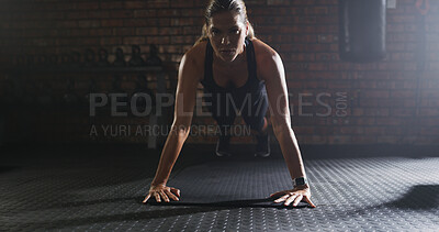 Buy stock photo Fitness, push up and portrait of woman in gym with workout, health or body training for strength. Strong, space and female person with arm exercise for wellness with challenge in sports center.