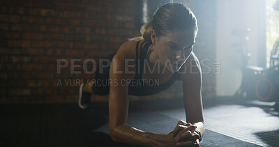 Buy stock photo Fitness, gym and woman with plank exercise for abs, challenge and training for health in sports club. Bodybuilder, floor and workout for core strength, strong muscle and wellness with balance