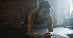 Fitness, plank and woman in gym for health, wellness and abdominal exercise for core training. Sports, balance challenge and athlete with stomach muscle workout for strength, endurance and power