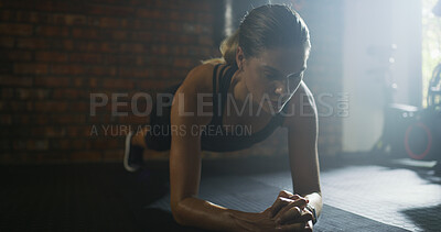 Buy stock photo Fitness, plank and woman in gym for health, wellness and abdominal exercise for core training. Sports, balance challenge and athlete with stomach muscle workout for strength, endurance and power