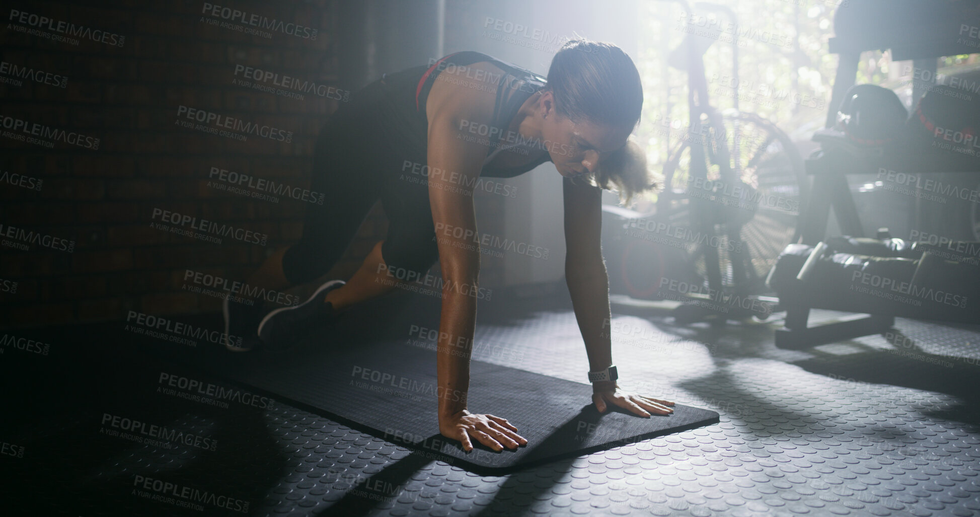 Buy stock photo Fitness, plank and woman running in gym for health, wellness and abdominal exercise for core training. Sports, mountain climber and athlete with stomach muscle workout for strength or endurance