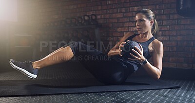 Buy stock photo Fitness, crunches and woman in gym for health, wellness and abdominal exercise for core training. Sports, medicine ball and athlete with stomach muscle workout for strength, endurance and challenge
