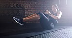Exercise, crunches and woman in gym for health, wellness and abdominal fitness for core training. Sports, medicine ball and athlete with stomach muscle workout for strength, endurance and challenge