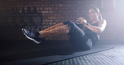 Buy stock photo Exercise, crunches and woman in gym for health, wellness and abdominal fitness for core training. Sports, medicine ball and athlete with stomach muscle workout for strength, endurance and challenge