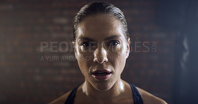Buy stock photo Fitness, tired and woman with portrait at gym for workout recovery, exercise fatigue and sweating. Athlete, exhausted and rest at sports center for health challenge, training burnout and cardio break