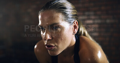 Buy stock photo Breathe, rest with woman in gym with sweat for workout, exercise and training. Sports, fitness and tired person with fatigue, burnout and exhausted for wellness, recovery and endurance challenge