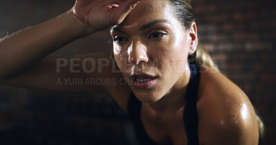 Buy stock photo Fitness, sweat and tired woman on break in gym for workout recovery, health and wellness. Sports, fatigue and exhausted athlete rest for exercise challenge, breathing and intense cardio with burnout