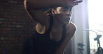 Exhausted, fitness and woman sweat in gym for workout recovery, health and wellness break. Sports, tired athlete and rest for exercise challenge, breathing and intense cardio with burnout or fatigue