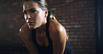 Fitness, break and woman with sweating at gym for workout recovery, exercise fatigue and tired. Space, exhausted athlete and resting at sports center for intense challenge, training burnout or health