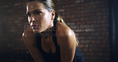 Buy stock photo Fitness, break and woman with sweating at gym for workout recovery, exercise fatigue and tired. Space, exhausted athlete and resting at sports center for intense challenge, training burnout or health