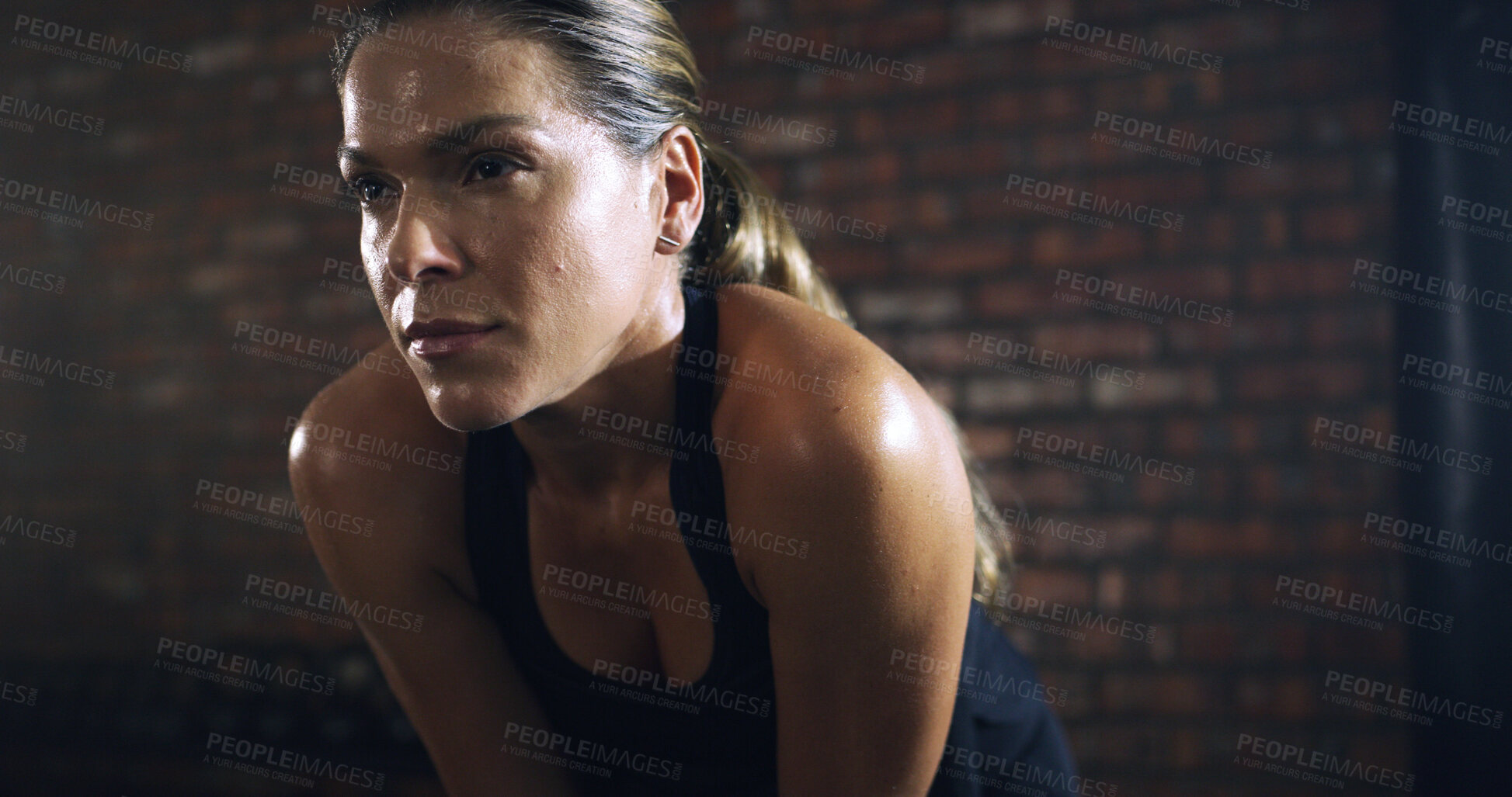 Buy stock photo Fitness, break and woman with sweating at gym for workout recovery, exercise fatigue and tired. Space, exhausted athlete and resting at sports center for intense challenge, training burnout or health