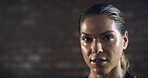 Woman, sweat and portrait with mockup space for exercise, intense workout and wellness as bodybuilder. Female person, athlete and break for health, challenge and training for fitness or sport in gym