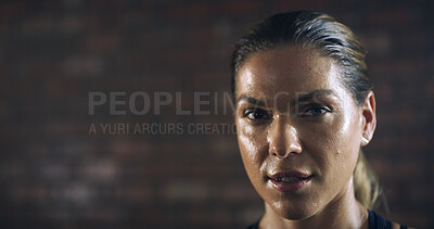 Buy stock photo Woman, sweat and portrait with mockup space for exercise, intense workout and wellness as bodybuilder. Female person, athlete and break for health, challenge and training for fitness or sport in gym