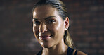 Woman, sweat and portrait with smile for exercise, intense workout and wellness as bodybuilder. Female person, athlete and break for health, challenge and training for fitness or sport in gym