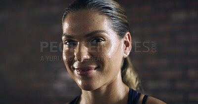 Buy stock photo Woman, sweat and portrait with smile for exercise, intense workout and wellness as bodybuilder. Female person, athlete and break for health, challenge and training for fitness or sport in gym