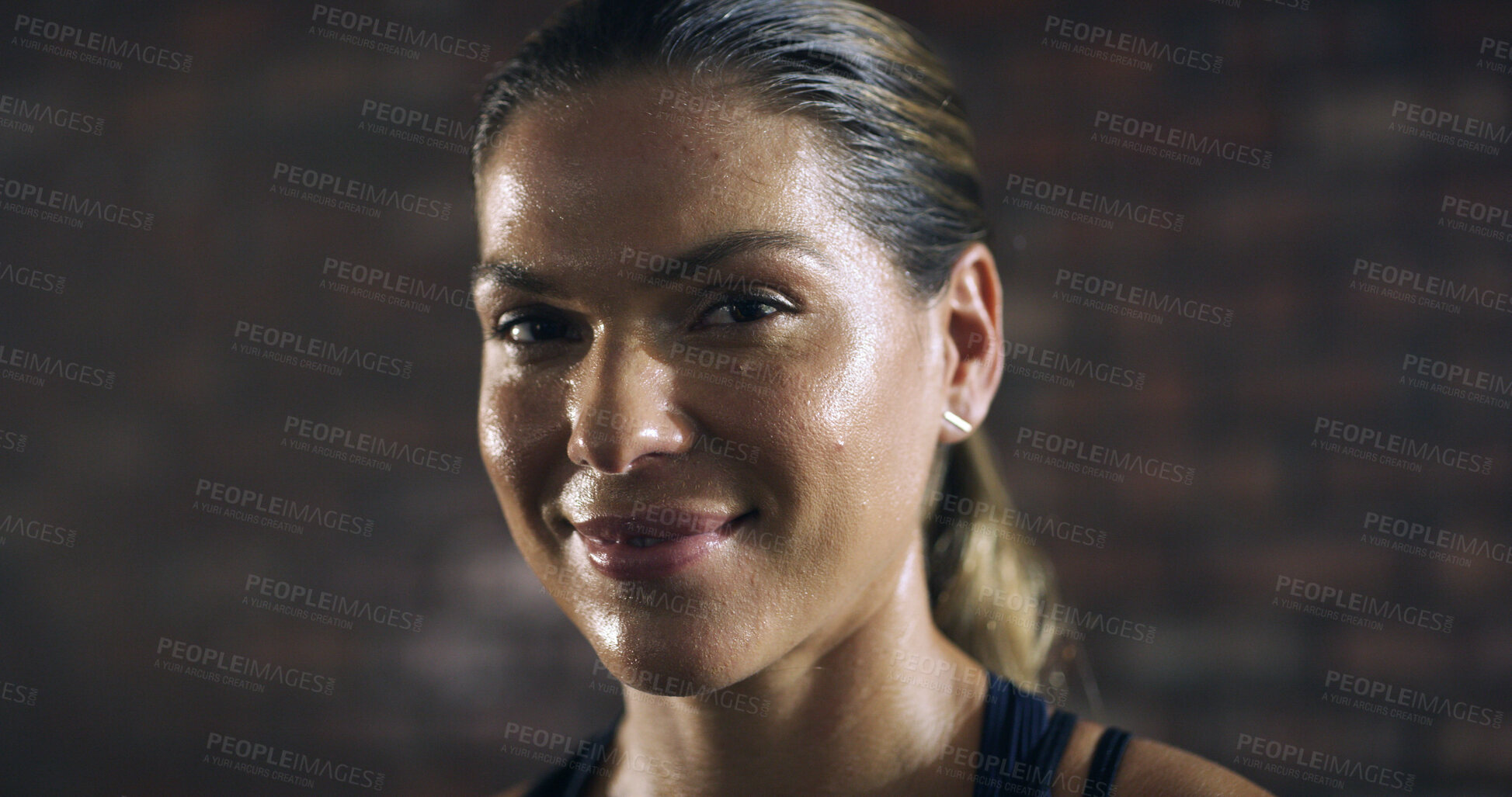 Buy stock photo Woman, sweat and portrait with smile for exercise, intense workout and wellness as bodybuilder. Female person, athlete and break for health, challenge and training for fitness or sport in gym