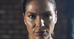 Woman, sweat and portrait for exercise, intense workout rest and wellness or confidence. Female person, proud athlete and break for health, challenge and training progress for fitness or sport in gym