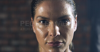 Buy stock photo Woman, sweat and portrait for exercise, intense workout rest and wellness or confidence. Female person, proud athlete and break for health, challenge and training progress for fitness or sport in gym