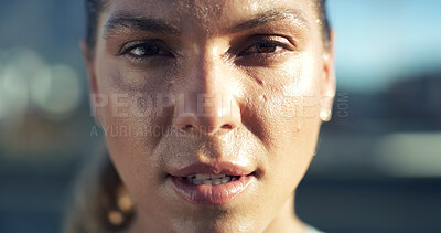 Buy stock photo Fitness, tired and woman with portrait in city for workout recovery, exercise fatigue and sweating. Athlete, exhausted person and rest outdoor for health challenge, training burnout and sports break