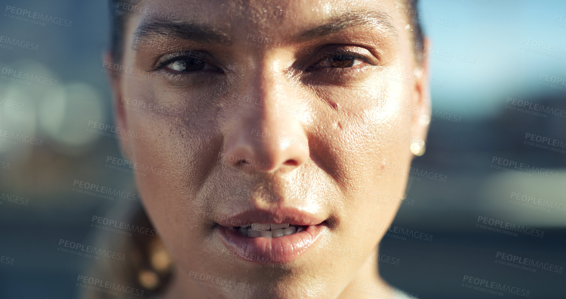 Buy stock photo Fitness, tired and woman with portrait in city for workout recovery, exercise fatigue and sweating. Athlete, exhausted person and rest outdoor for health challenge, training burnout and sports break