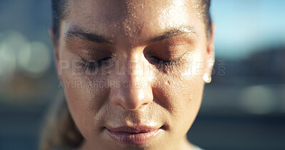 Buy stock photo Outdoor, eyes closed and woman with fitness, sweating and fatigue with challenge, training and wellness. Breathing, person and athlete in city, exhausted and tired with exercise and endurance workout