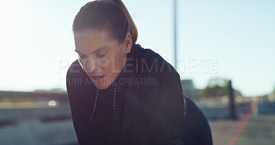 Buy stock photo Fitness, breathing and tired woman outdoor for rest, health and exercise recovery for wellness. Exhausted, runner and break in city with sports fatigue, challenge or sweat from workout with space