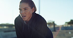 Fitness, breathing and tired woman in city for rest, health and exercise recovery for wellness. Exhausted, runner and break outdoor with sports fatigue, challenge or sweat from workout with space