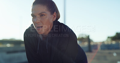 Buy stock photo Fitness, breathing and tired woman in city for rest, health and exercise recovery for wellness. Exhausted, runner and break outdoor with sports fatigue, challenge or sweat from workout with space
