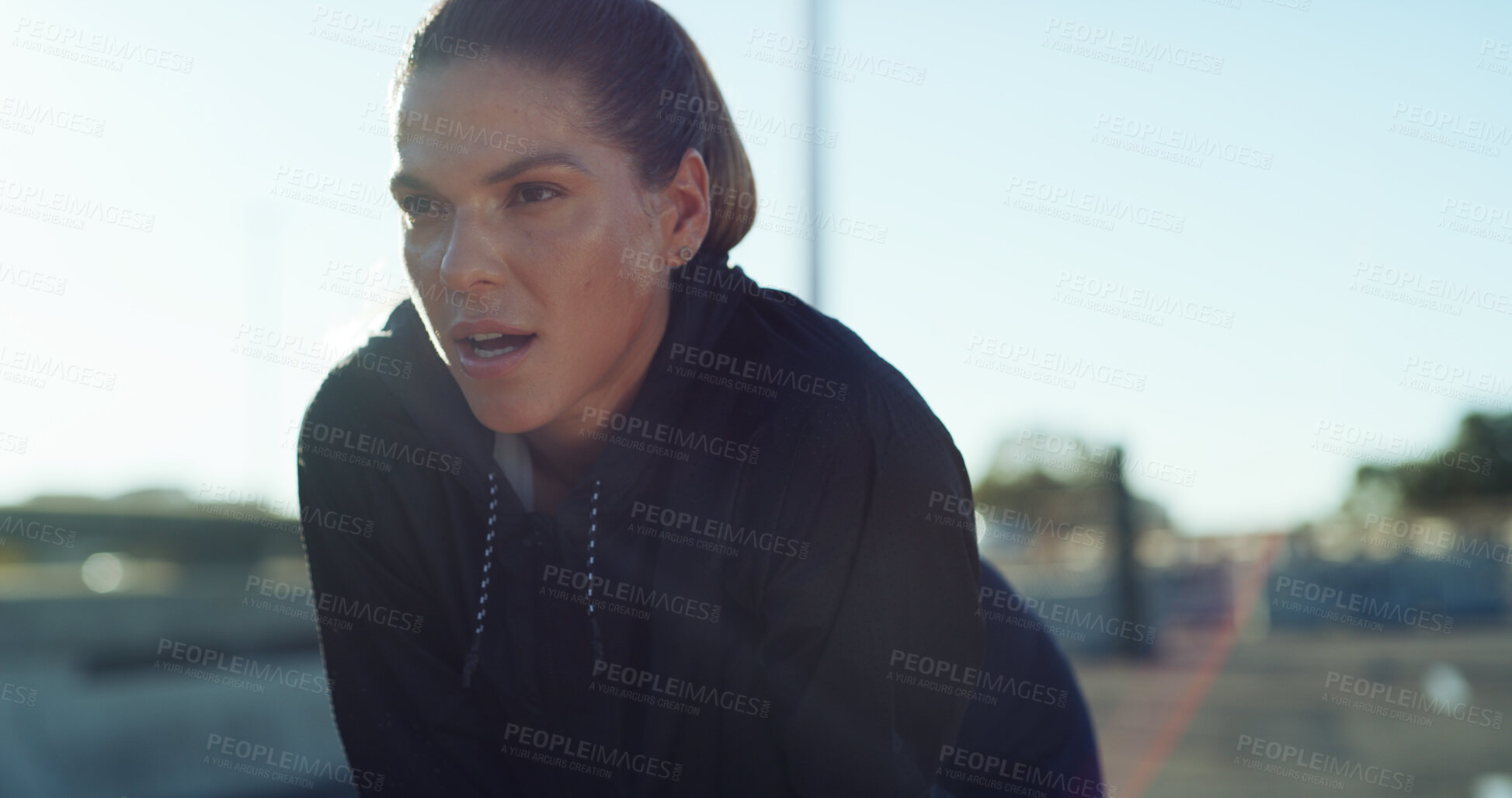 Buy stock photo Fitness, breathing and tired woman in city for rest, health and exercise recovery for wellness. Exhausted, runner and break outdoor with sports fatigue, challenge or sweat from workout with space