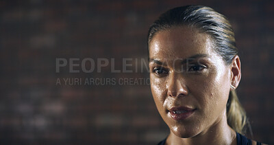 Buy stock photo Woman, sweat and thinking with mockup space for exercise, intense workout and wellness as bodybuilder. Female person, athlete and break for health, challenge and training for fitness or sport in gym
