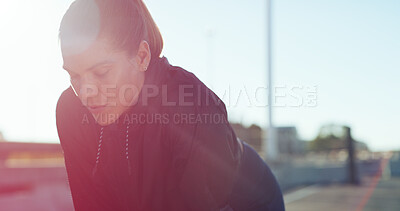 Buy stock photo Athlete, tired and woman with rest in city for running recovery, exercise fatigue or overworked. Runner, person or exhausted outdoor for cardio challenge, training burnout or fitness break with space