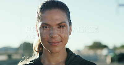 Buy stock photo Portrait, athlete and woman smile in city for fitness, fresh air and break for exercise recovery. Sweating, female person and runner resting for urban training, sports workout and marathon practice