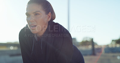 Buy stock photo Fitness, breathing and tired woman in city for break, health and exercise recovery for wellness. Exhausted, runner and rest outdoor with sports fatigue, challenge or sweat from cardio with space