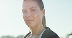 Fitness, sports and portrait of woman outdoor for health, wellness or workout with space. Person, confident athlete and runner in city for practice, training and exercise with determination in Uk