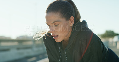 Buy stock photo Fitness, fatigue and woman breathing in city for break, health and exercise recovery for wellness. Exhausted, runner and rest outdoor with sports challenge, tired or cardio workout with space