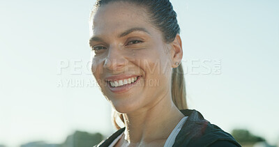 Buy stock photo Fitness, smile and portrait of woman outdoor for health, wellness or workout with space. Happy person, confident athlete and runner in city for practice, training and exercise for sports in Uk
