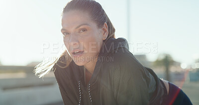 Buy stock photo Athlete, tired and woman with portrait in city for running recovery, exercise fatigue and breathing. Runner, exhausted person and rest outdoor for cardio challenge, training burnout and fitness break