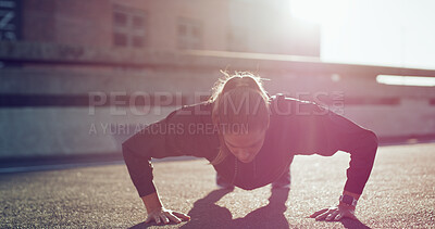 Buy stock photo Outdoor, push ups and woman on road, fitness or workout routine for core strength, healthy and city. Bodybuilder, wellness and training for muscle power, endurance and exercise for body stability