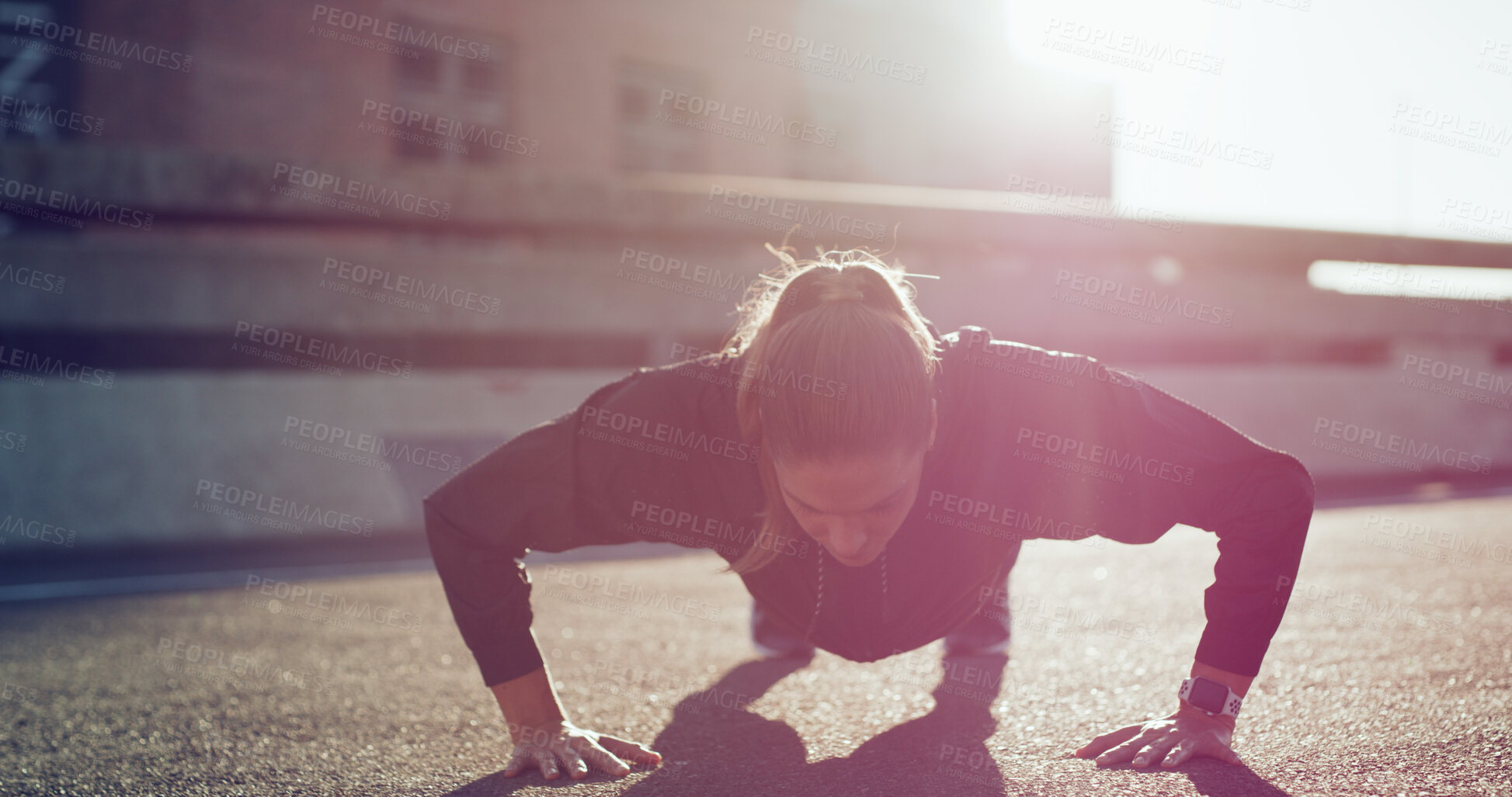 Buy stock photo Outdoor, push ups and woman on road, fitness or workout routine for core strength, healthy and city. Bodybuilder, wellness and training for muscle power, endurance and exercise for body stability