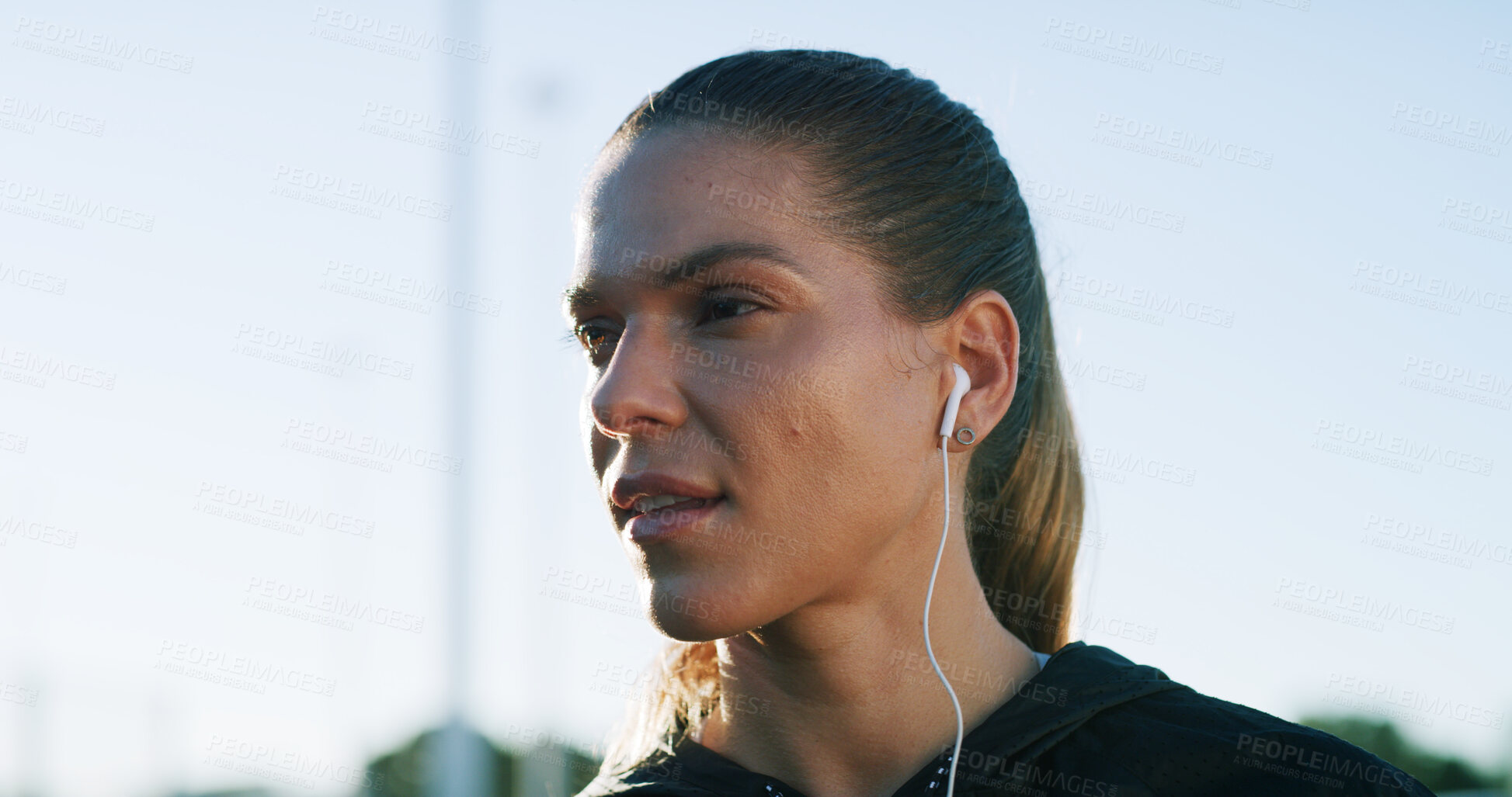 Buy stock photo Thinking, music and runner with woman in city for workout playlist, streaming service and vision. Exercise podcast, audio subscription and reflection with person and earphones outdoor for space