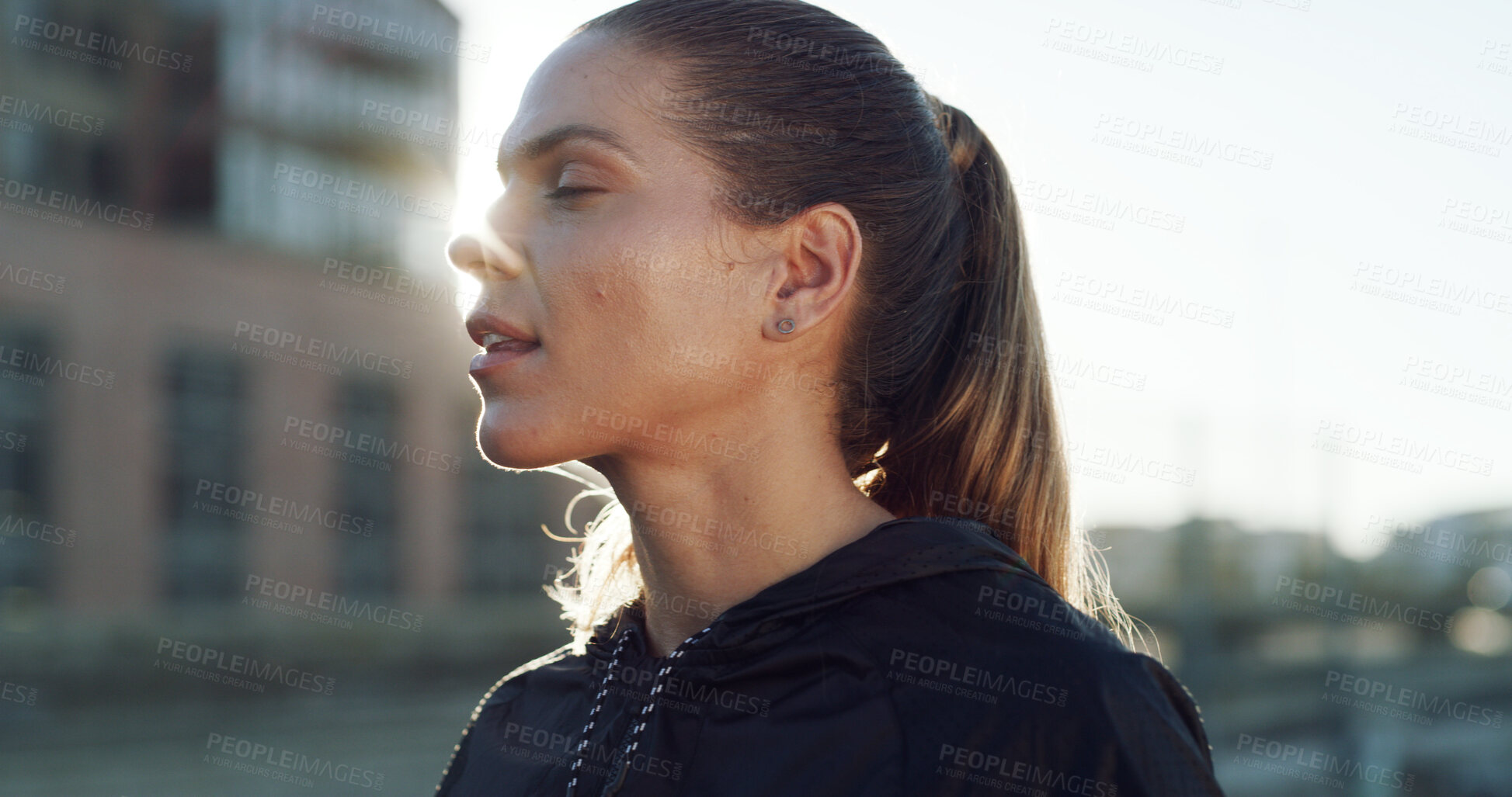 Buy stock photo Thinking, athlete and woman relax in city for fitness, fresh air and break with breathing exercise. Thoughts, female person and runner rest of urban training, workout reflection and marathon practice